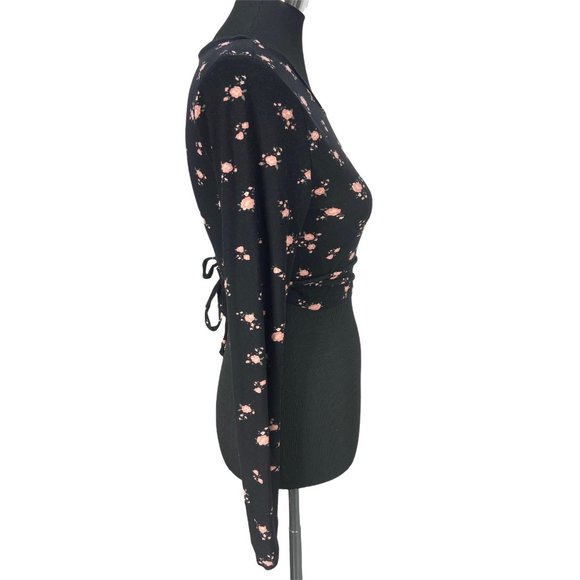 Derek Heart Black Pink Rose Long‎ Sleeve Fitted Crop Top Medium - Picture 2 of 6